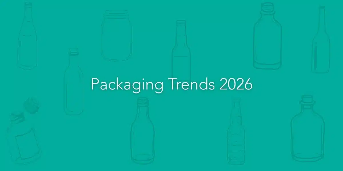 Teal graphic featuring outlined illustrations of various bottles and jars, with the centred text ‘Packaging Trends 2026’.