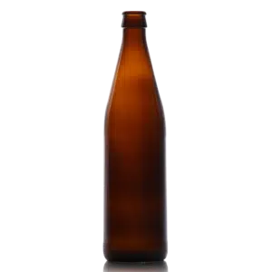 A brown glass bottle with a tall, narrow neck and a slim, elongated body