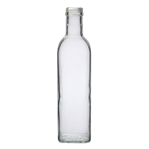Clear, empty glass Marasca bottle with a tall, slim rectangular body, rounded shoulders, and a narrow neck, shown against a plain background.