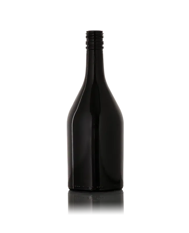 Black glass bottle with a long neck and curved shoulder