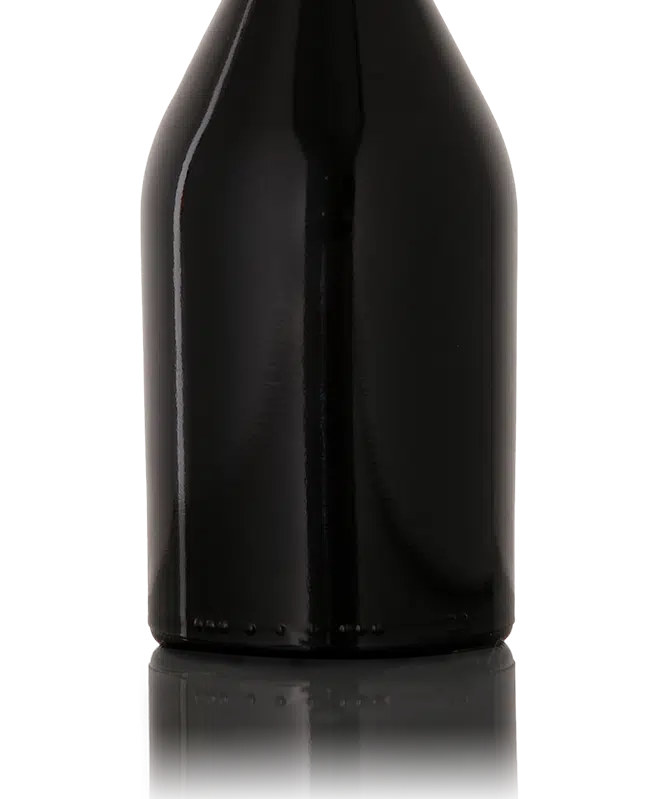 Black glass bottle with a long neck and curved shoulder