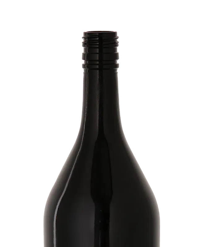 Black glass bottle with a long neck and curved shoulder