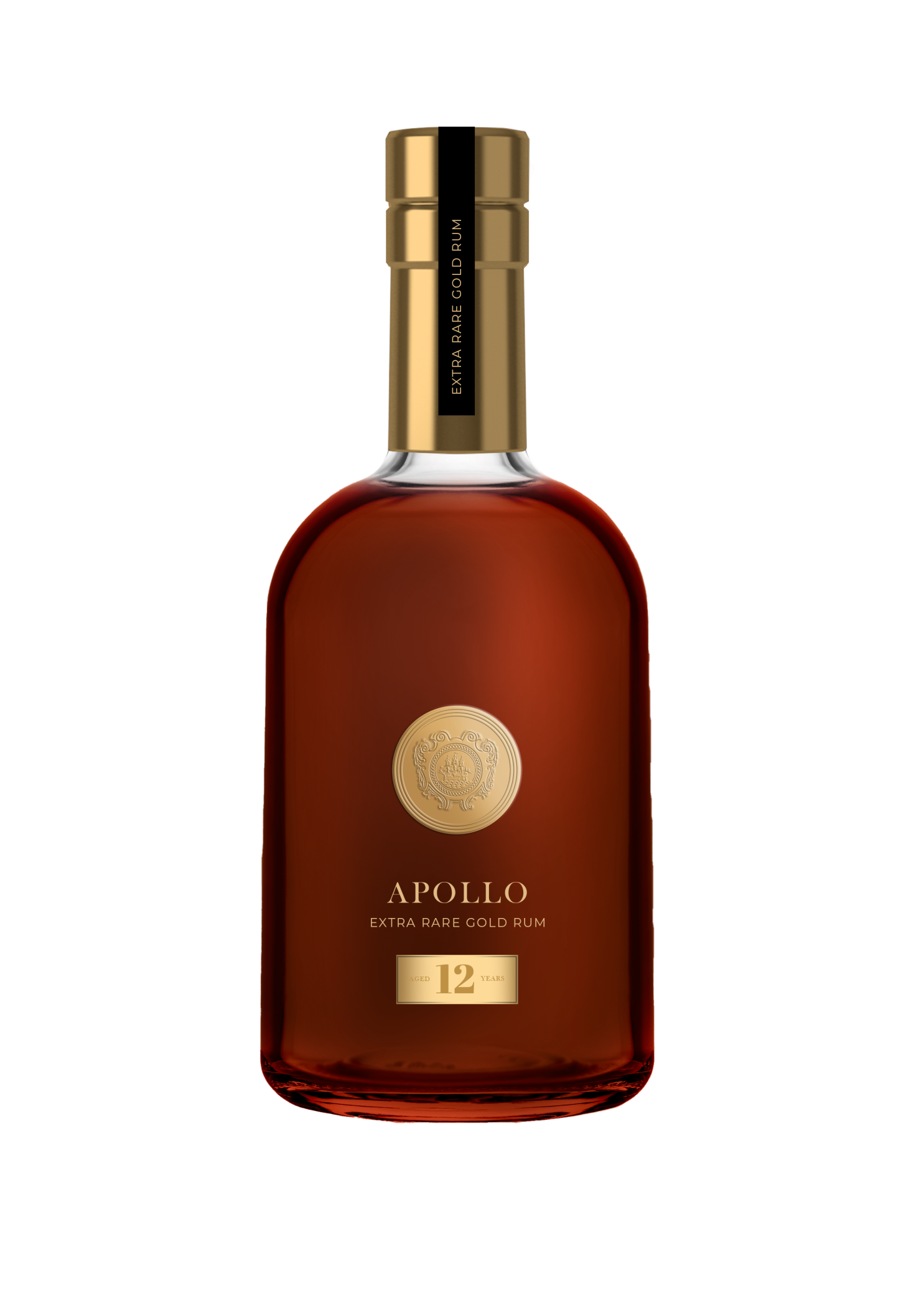 Rounded glass rum bottle filled with dark amber liquid, with gold detailing and label reading “Apollo – Extra Rare Gold Rum, 12 years.”
