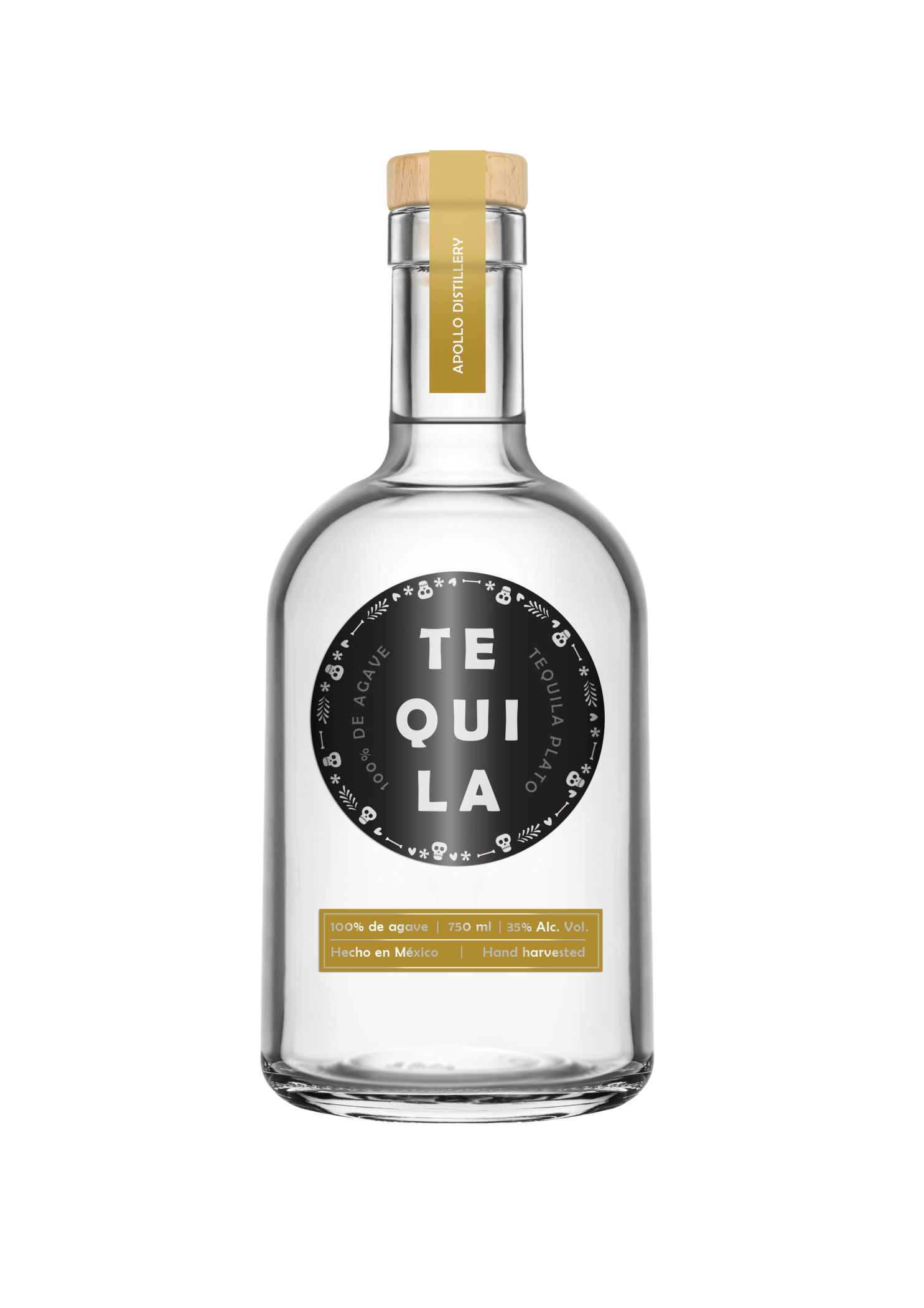 Clear glass tequila bottle with a wooden closure and black circular label reading “Tequila – 100% de agave,” with gold accents.