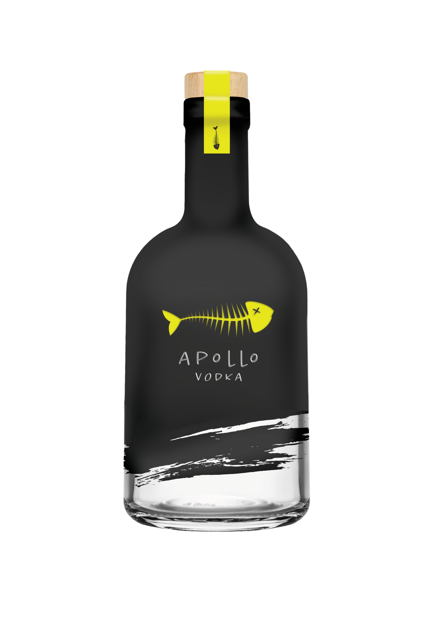 Matte black vodka bottle with a yellow fish skeleton graphic and text reading “Apollo Vodka,” finished with a wooden stopper and yellow seal.