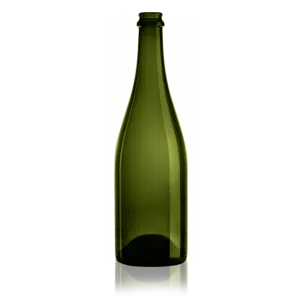 A dark green glass bottle with a tall, narrow neck and a wider base