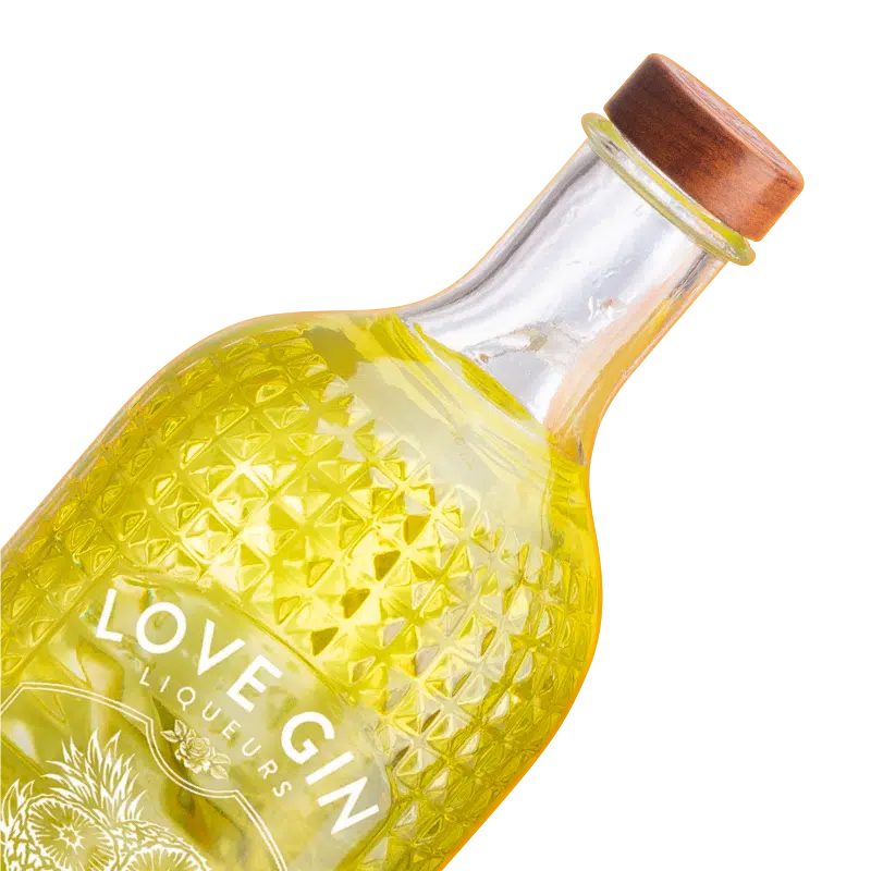 A close-up of a bottle of Love Gin Liqueurs
