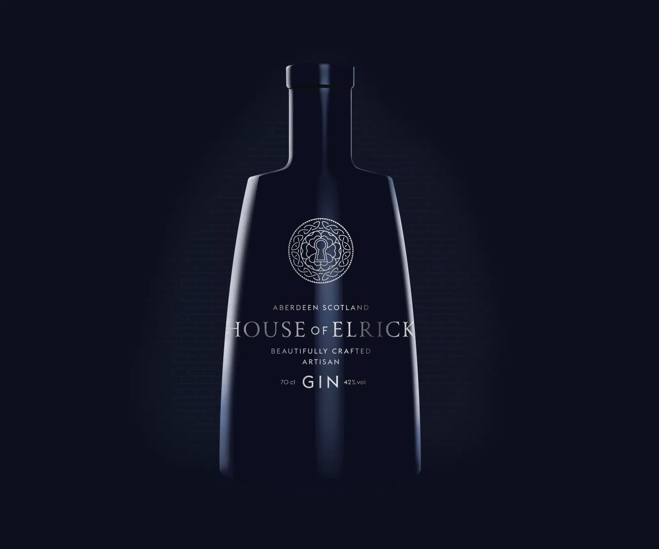 A dark blue bottle of House of Elrick gin with a black background