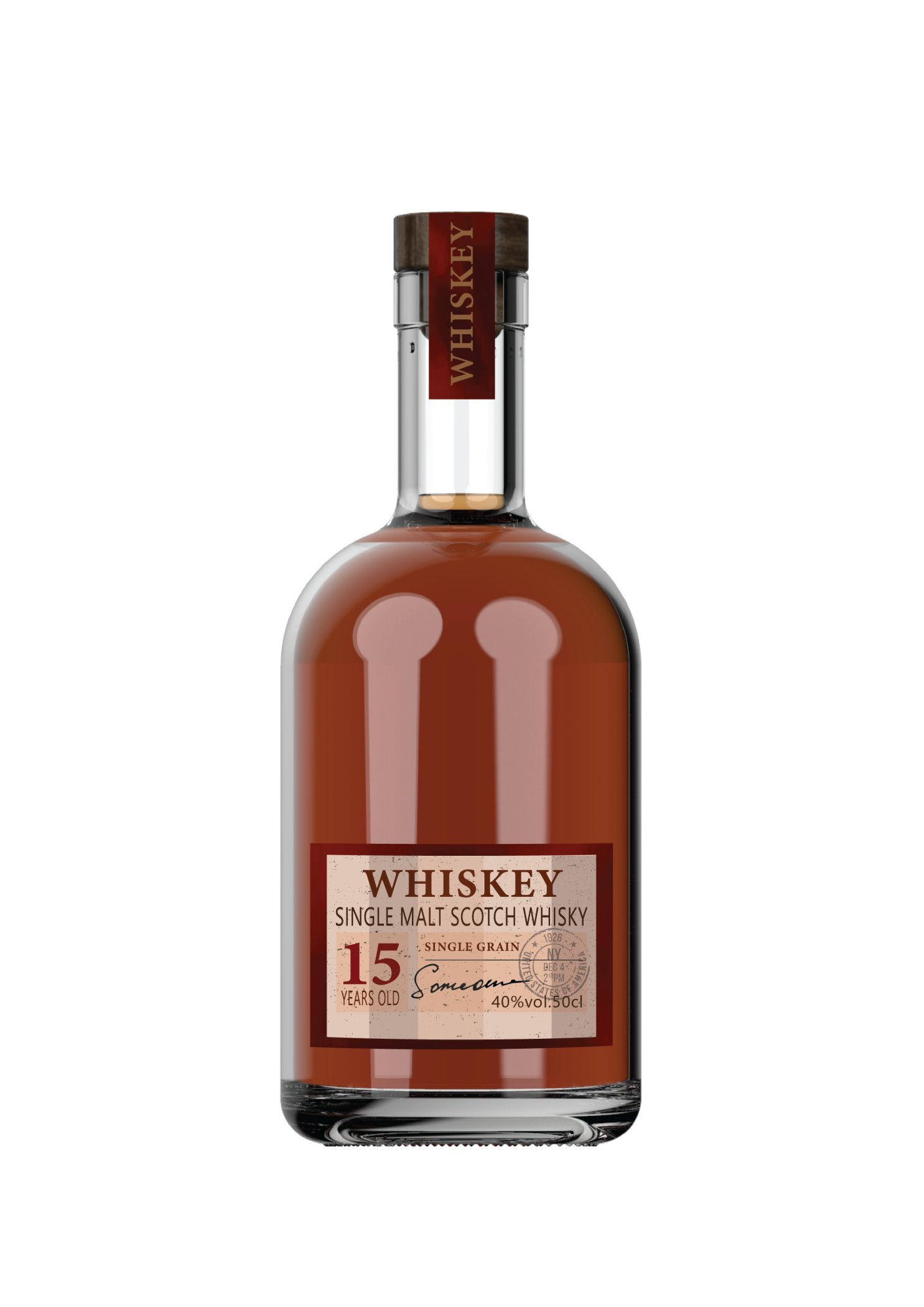 Clear glass whisky bottle filled with amber liquid, featuring a vintage-style label reading “Whiskey – Single Malt Scotch Whisky, 15 years old.”