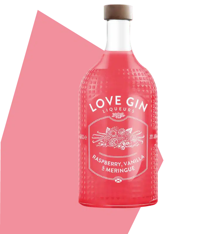 A glass bottle of Love Gin with a pink background