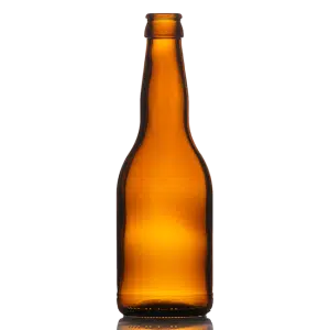 A brown glass bottle with a tall, narrow neck and a wider body