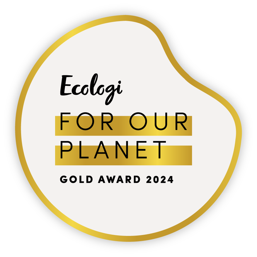 Logo featuring the text "ecologi for our planet, gold award 2024" in black and gold on a white and gold abstract background.
