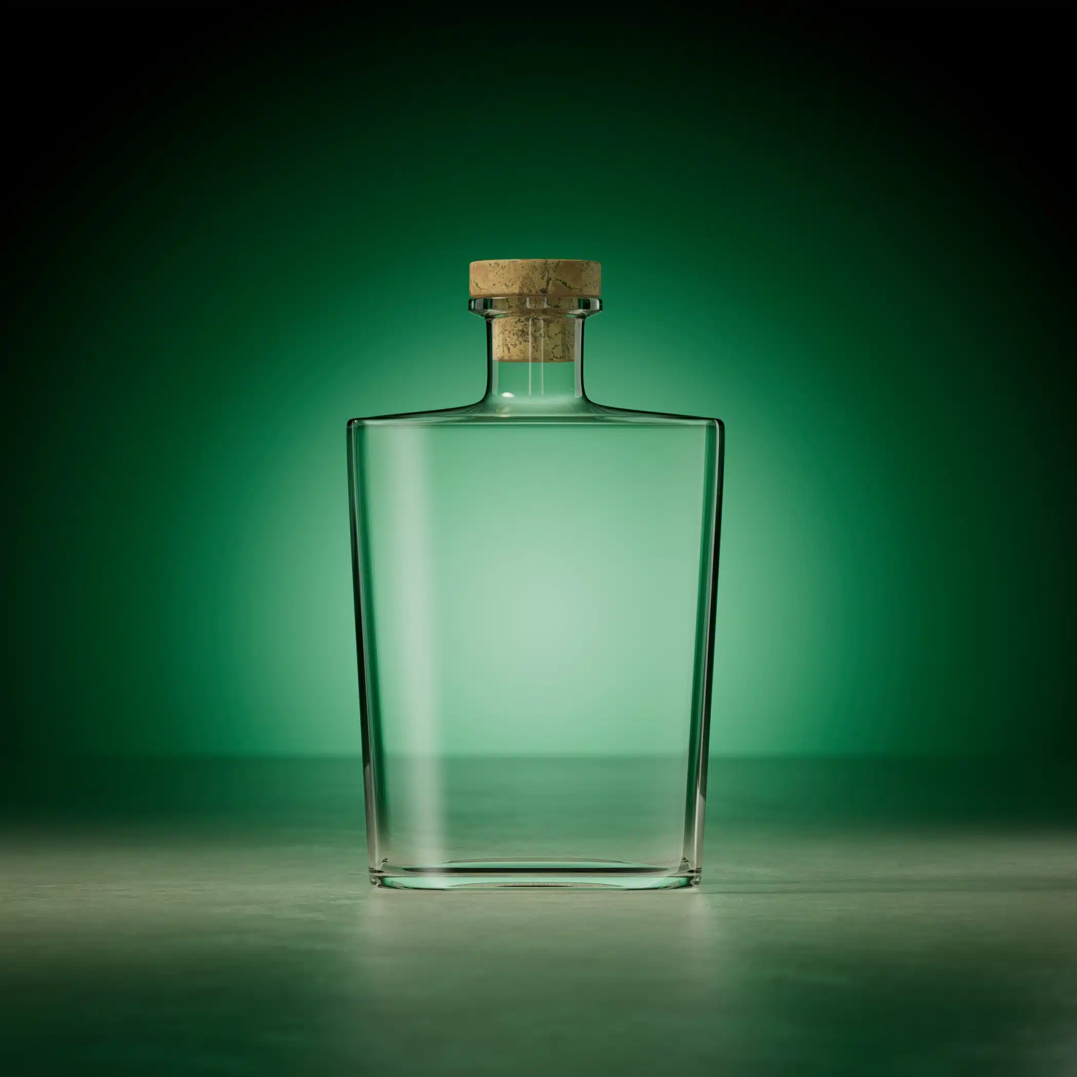 A clear, square glass bottle with cork bartop sealing it. Sat in front of a green background. lit by a spotlight.