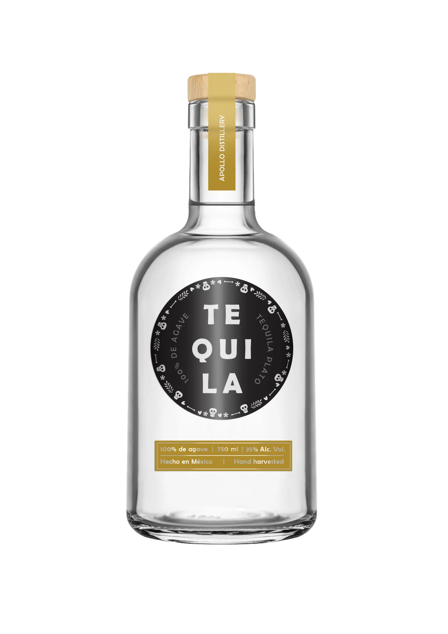Clear glass tequila bottle with a wooden closure and black circular label reading “Tequila – 100% de agave,” with gold accents.