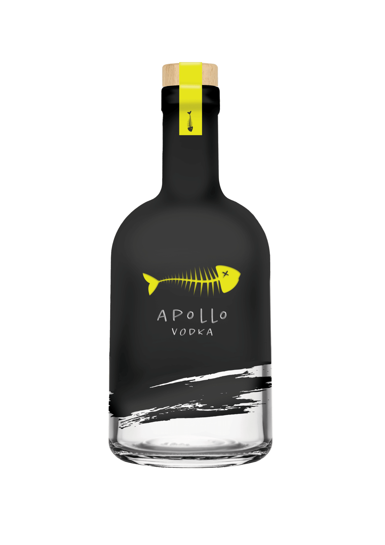 Matte black vodka bottle with a yellow fish skeleton graphic and text reading “Apollo Vodka,” finished with a wooden stopper and yellow seal.